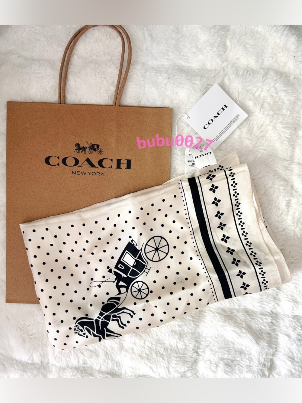 NWT🎠Coach Horse And Carriage Dot Print Silk Bandana Chalk CAP44 23" x 23" Gift